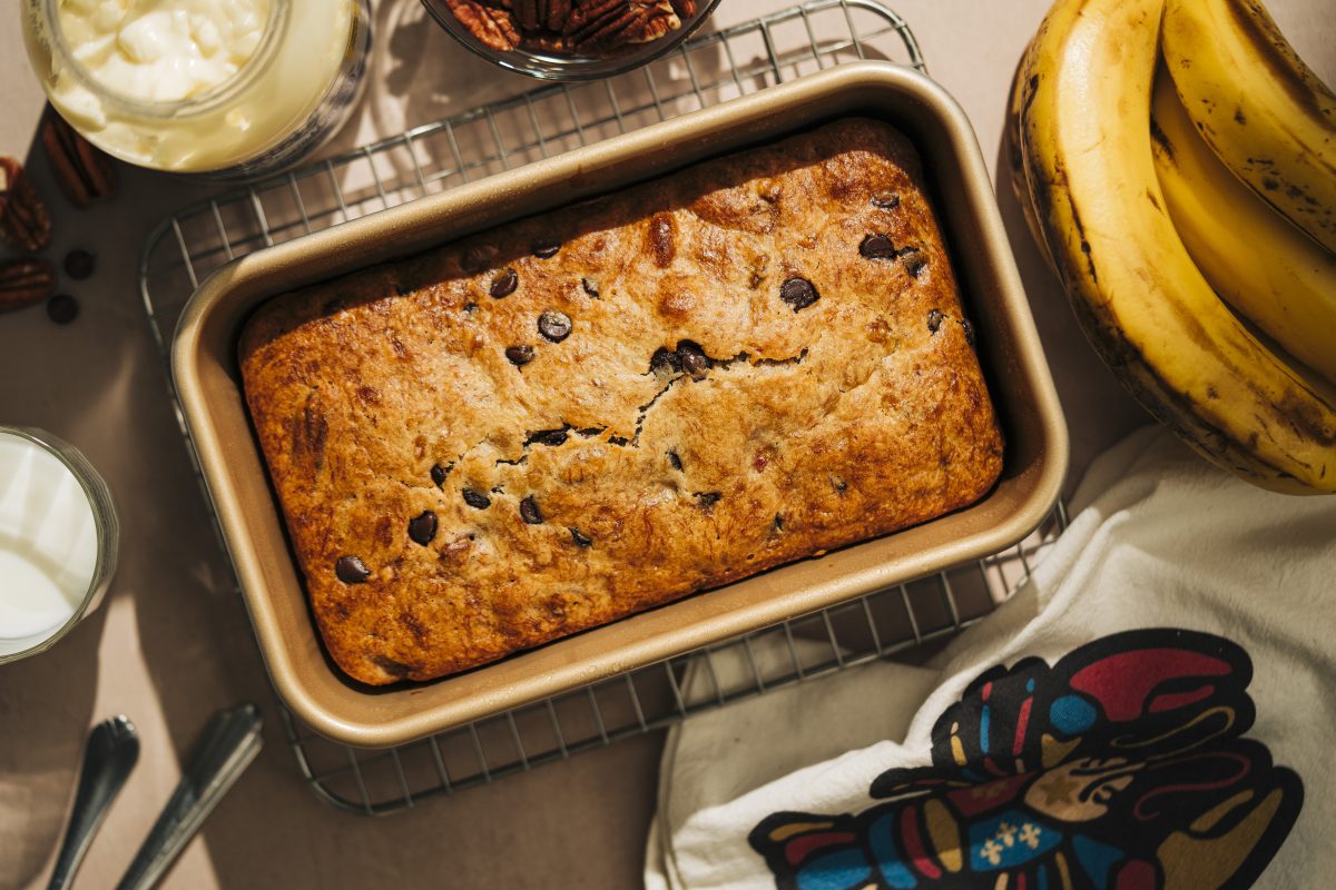 baking tin banana bread fresh from the oven