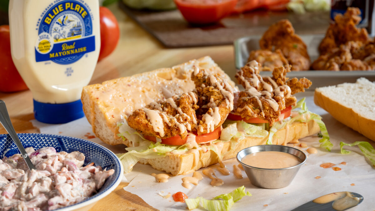 A fried chicken po-boy with bang bang sauce.