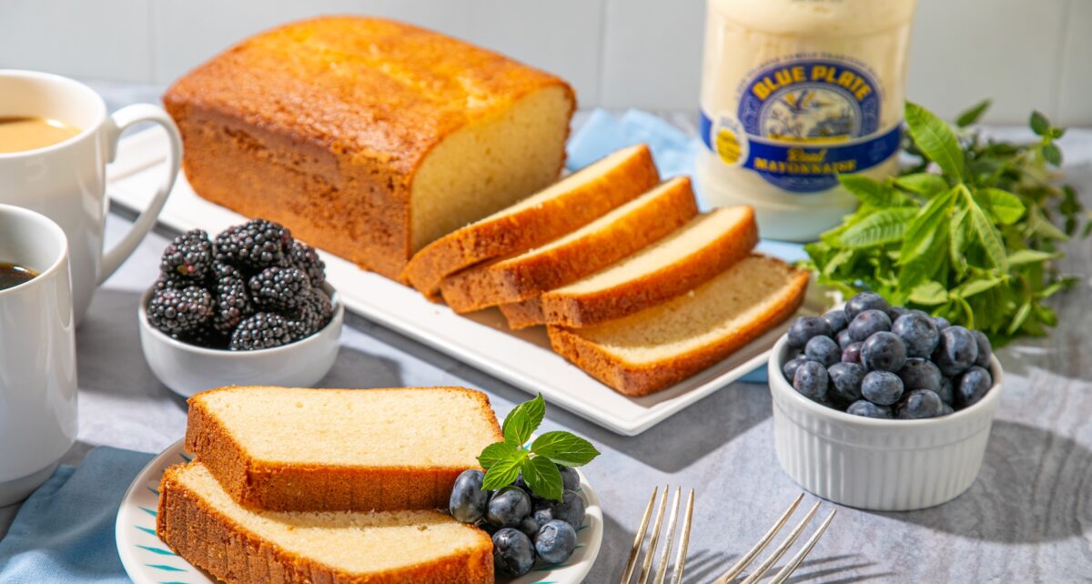 Pound Cake, sliced on serving dish, baked with creamy Blue Plate Mayonnaise. That's the good stuff!